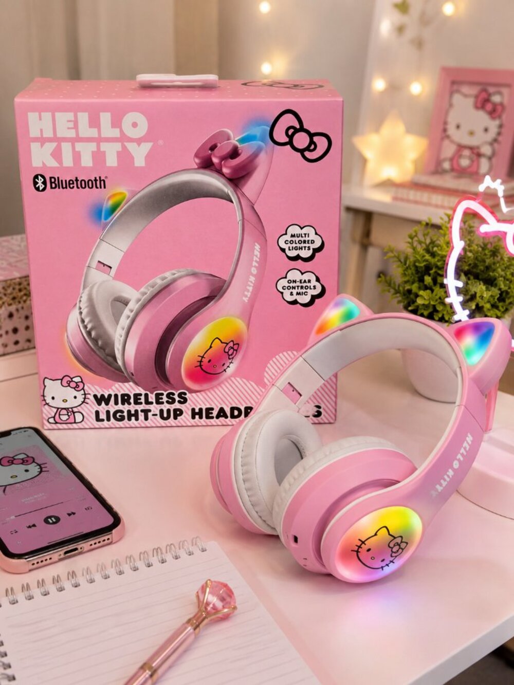 Hello Kitty Bluetooth Wireless Light-Up Headphones Pink LED Cat Ear Headset - Picture 5 of 10